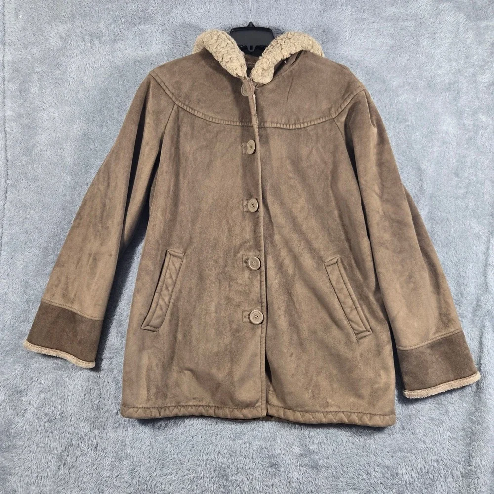 Liz Claiborne Brown Faux Suede Hooded Jacket Faux Fur Trim Coat Womens Large